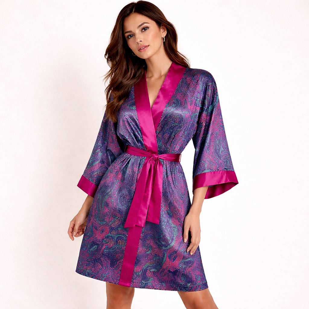 Vintage 90s Mantelle Satin Paisley Robe Jewel Tone Boudoir Belted Os